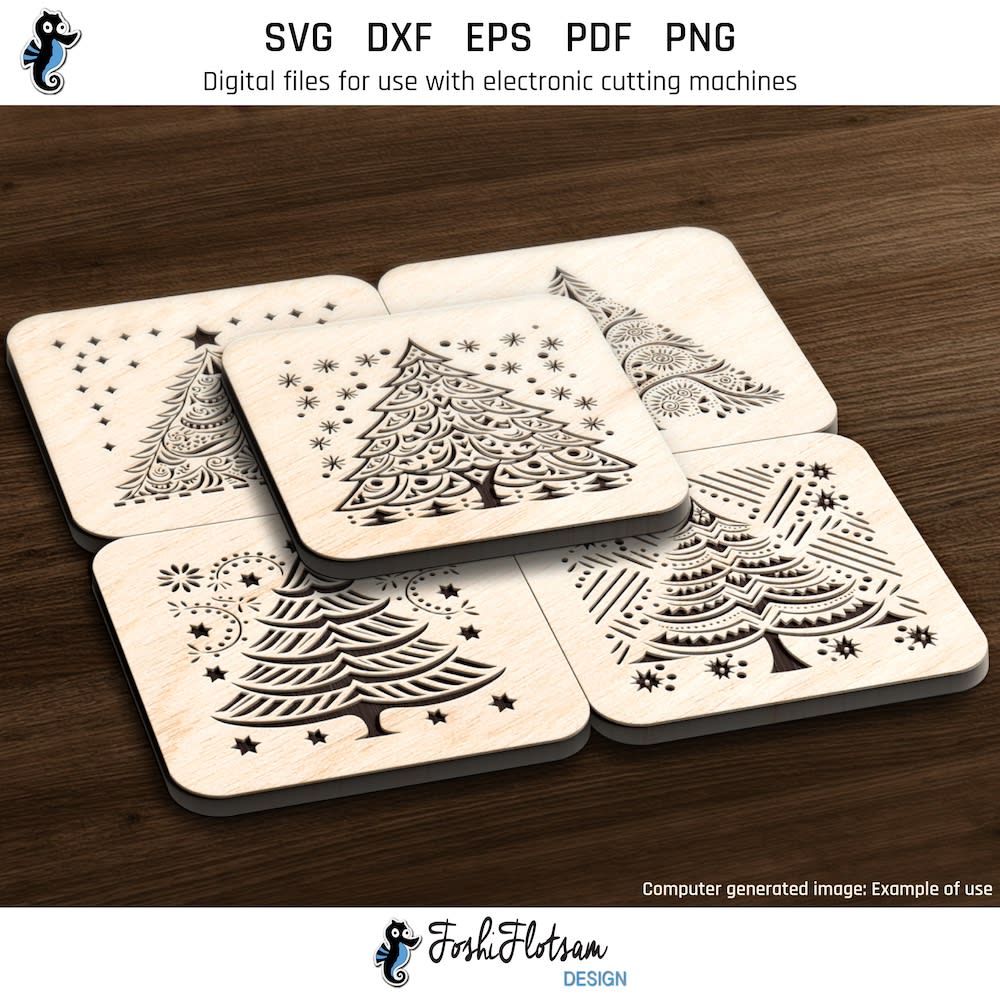 Coaster SVG - Christmas tree SVG coaster set An example of 5 laser-engraved Christmas tree coasters included in this coaster SVG bundle.